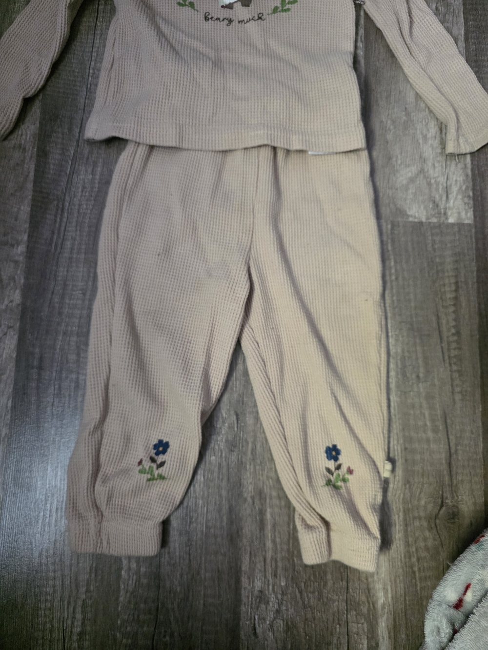 BearPaw Beige Waffle Knit Kids Matching Set with Blue Floral Embroidery